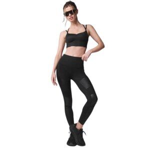 Women's S Alo High-Waist Black Moto Legging Mixed Fabrics Mesh Panels